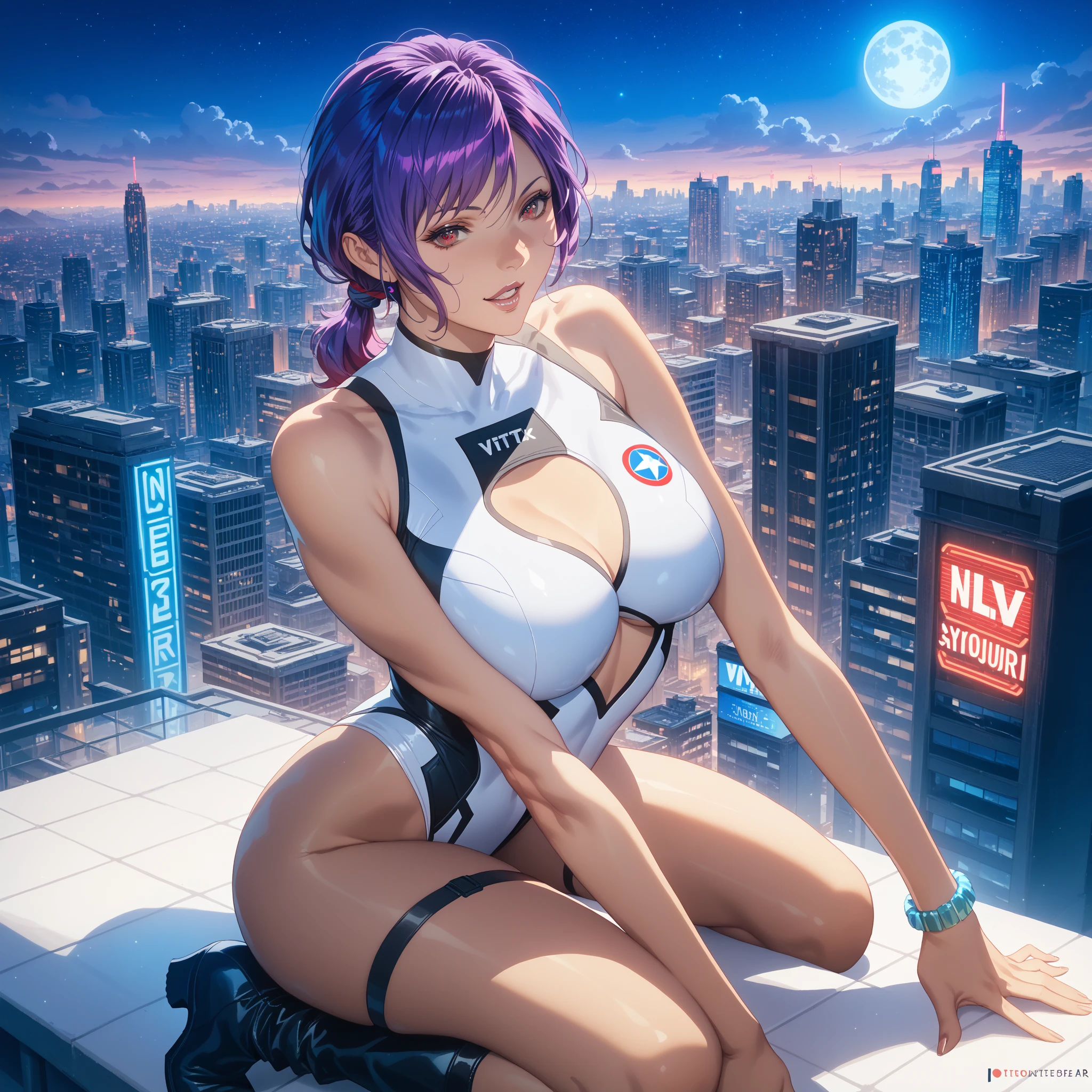 white backgrounid tall and large breasts Black bikini highleg Woman with long purple hair full bodyesbian futuristic skyline in background