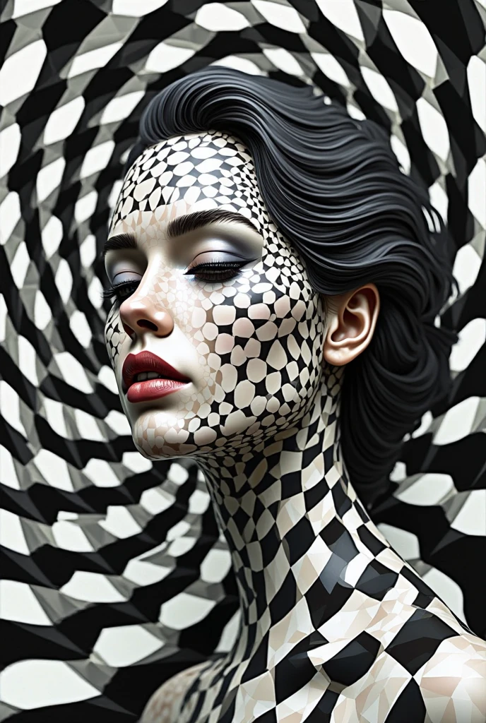 Op Art - Step into the world of Op Art Fashion, where brocade and chintz fabrics come alive with pixelated plaid designs. Get ready to be mesmerized by optical illusions and swirling parabolic shapes that create a sense of mesmerizing movement. This composition is a visual feast for the eyes, with intricate patterns and bold colors that captivate the imagination. The interplay of light and shadow adds depth and dimension, enhancing the overall optical effect. As you delve into this opulent fashion realm, prepare to be enchanted by the dynamic and ever-changing visual illusions that this style has to offer. Get ready to make a fashion statement like no other with this captivating Op Art Fashion masterpiece. Award-Winning Photography style, Op Art Fashion, Super-Resolution.