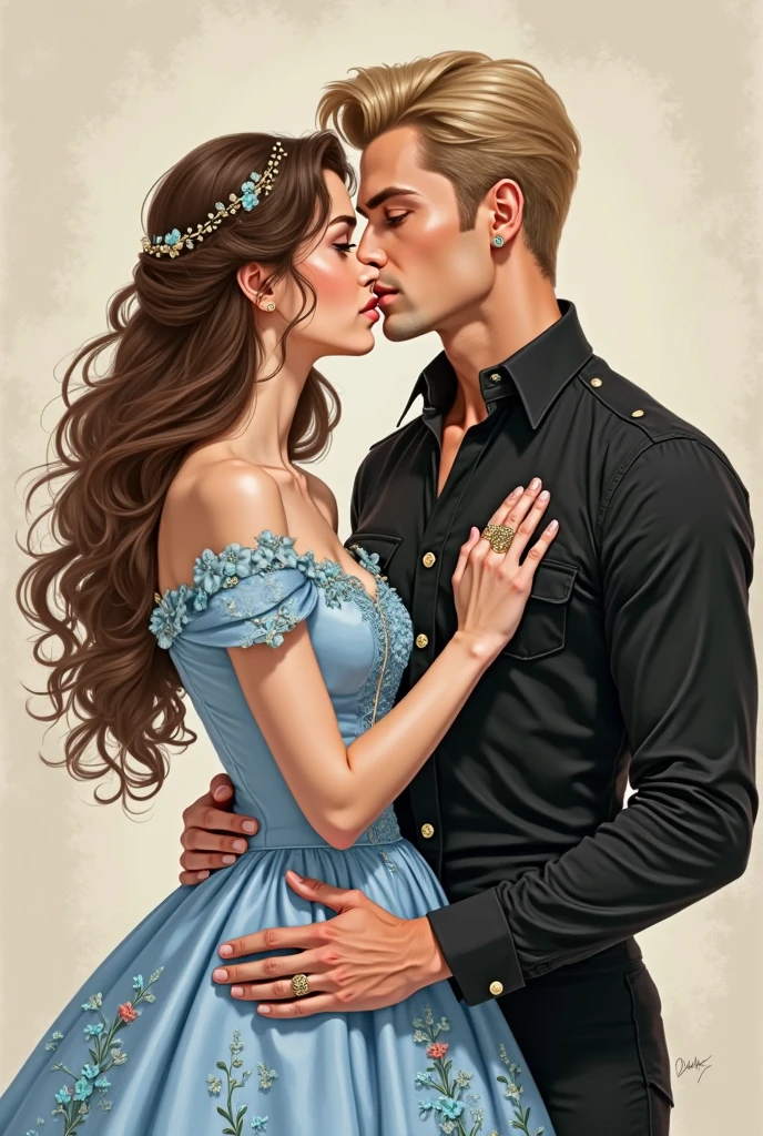 realistic portrait of the princess, black hair, male, black hair, kiss, closed eyes, couple,