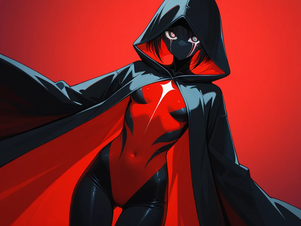 black background image with a figure wearing a veil covering her entire face, a crimson veil stained with blood. A figura, de perfil, olhando para cima. Dark fantasy. Blood. Villain.