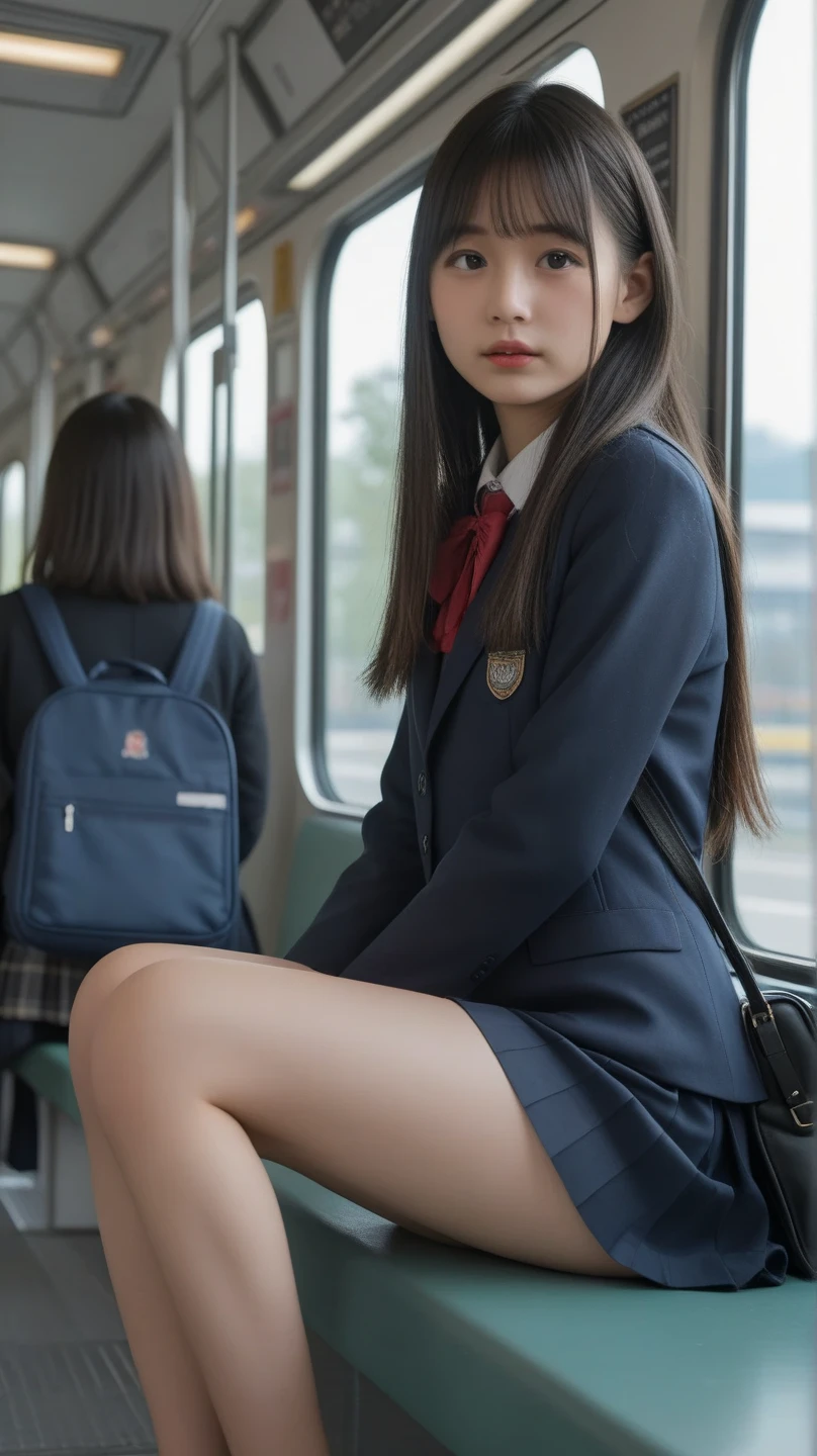 (2young girls), beautiful girl with beautiful details, Raw photo, (Best Quality:1.2), 8K, high details, hight resolution, With the highest quality, High-definition raw color photos, professional photograpy, (Fine face:1.2), (hi-school uniform with open chest:1.5), pleated skirt, Inside the train, (leaning on a train bench), (Open mouth), (legs spread), (panties:1.3), (((Bokeh))), depth of fields, view from below
