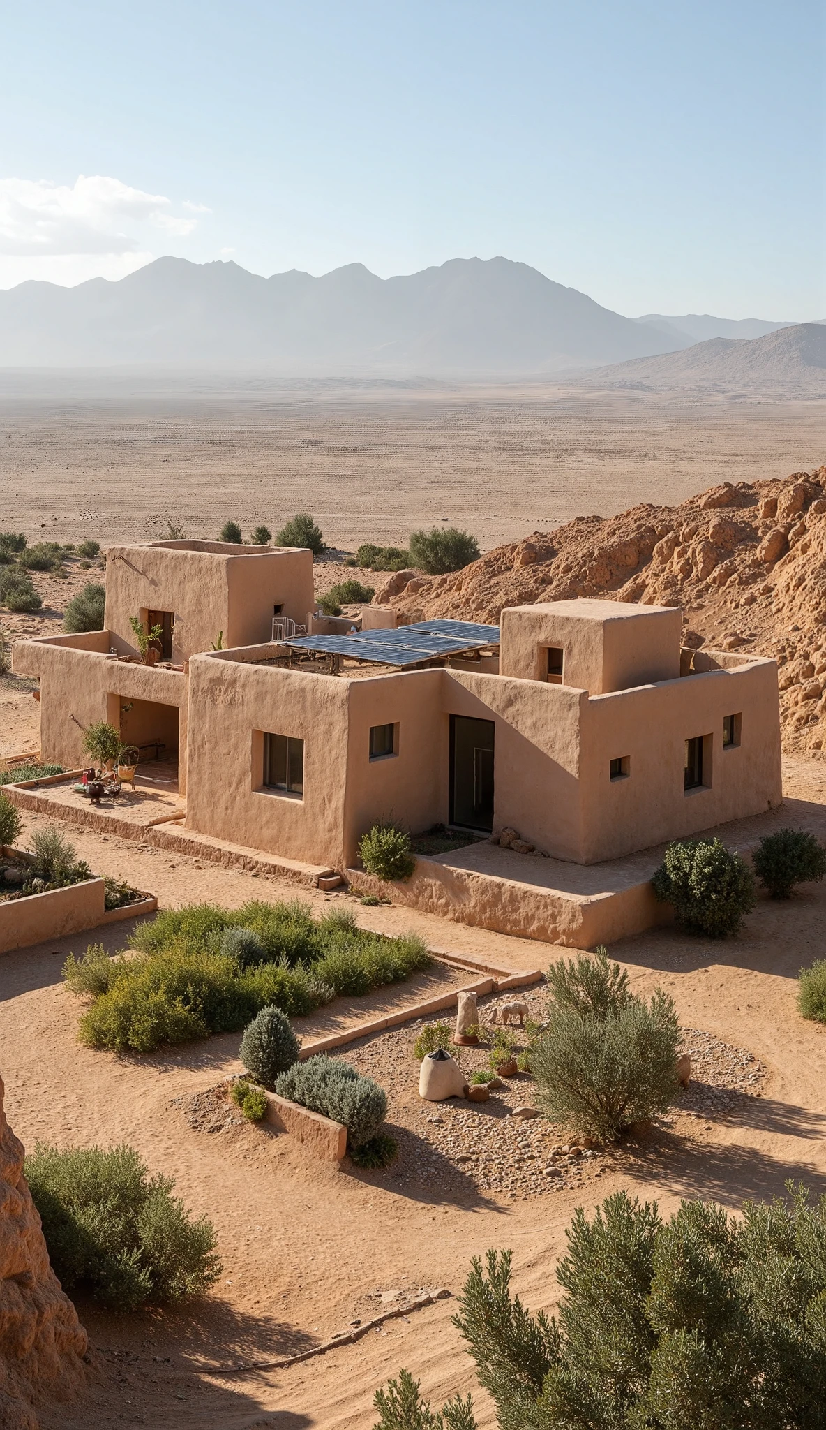 Imagine a self-sufficient house located in an arid environment in the Taroudant region of Morocco. The house is built using traditional techniques with local materials such as adobe and rammed earth. It features thick, warm-toned walls, a rammed earth roof enhanced with solar panels, and a central shaded courtyard that promotes natural ventilation. The building integrates harmoniously into a desert landscape dotted with mountains in the background. Surrounding the house, you can see rainwater harvesting systems, a thriving permaculture garden, and a small enclosure for chickens and sheep. The architecture blends traditional Moroccan elements—reminiscent of kasbahs or ksour like Aït Benhaddou—with modern touches, creating a balance between authenticity, sustainability, and innovation