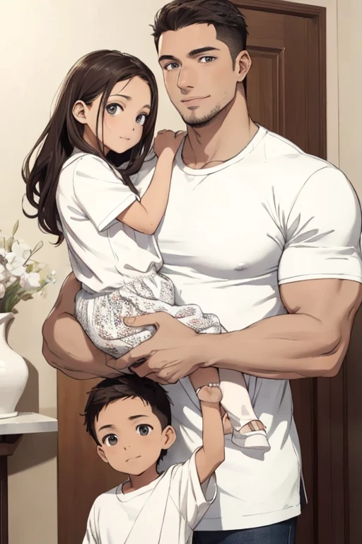 1 male and 1 female， little girl，Child with，muscle，pectorals，Abs，nudity，（all body），Stand in the room，, adult, mature:1.4, age:1.4, Tall, handsome, Fine eye and face portrayals，Very short hair, Dark hair, Hair oil, Distinct hair，Green eyes,Pointed chin:1.4,Thick neck:1.4,Thick eyebrows:1.4