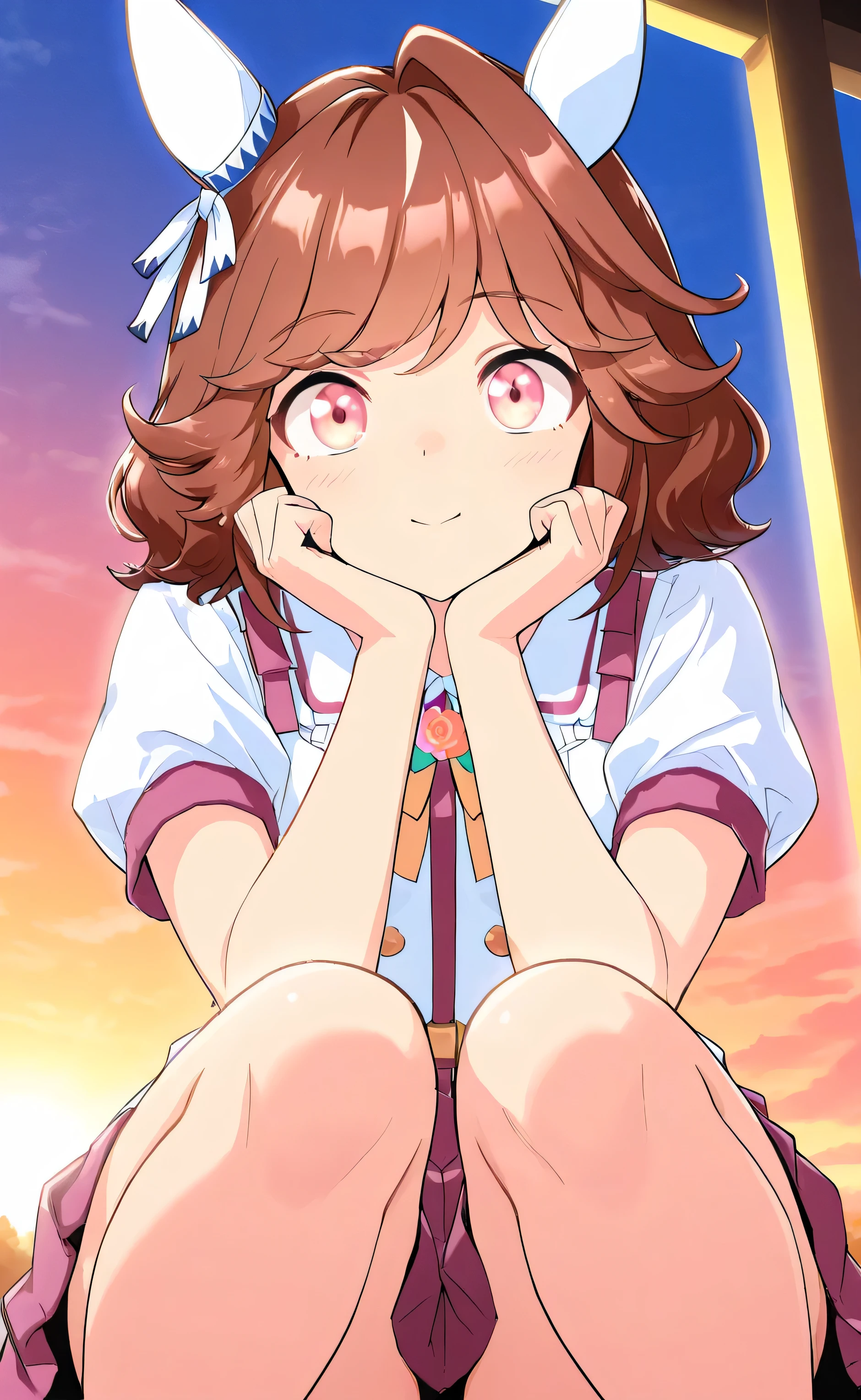 haiseiko \(umamusume\), 1 Girl, solo, anime style,cute girl,best quality work, super detailed, anime style,8k, high resolution, detailed images,precise face,(((Light blue short sleeve shirt))),(((pink mini pleated skirt))),((laugh shyly)),(room),(((bed))),(Oblique side up image),(Oblique side up image),((smooth thighs)),((Close-up images from thighs to face)),(holding the knee with both hands),best image quality,Top Quality,sticks out of the screen,evening,sunlight shining brightly