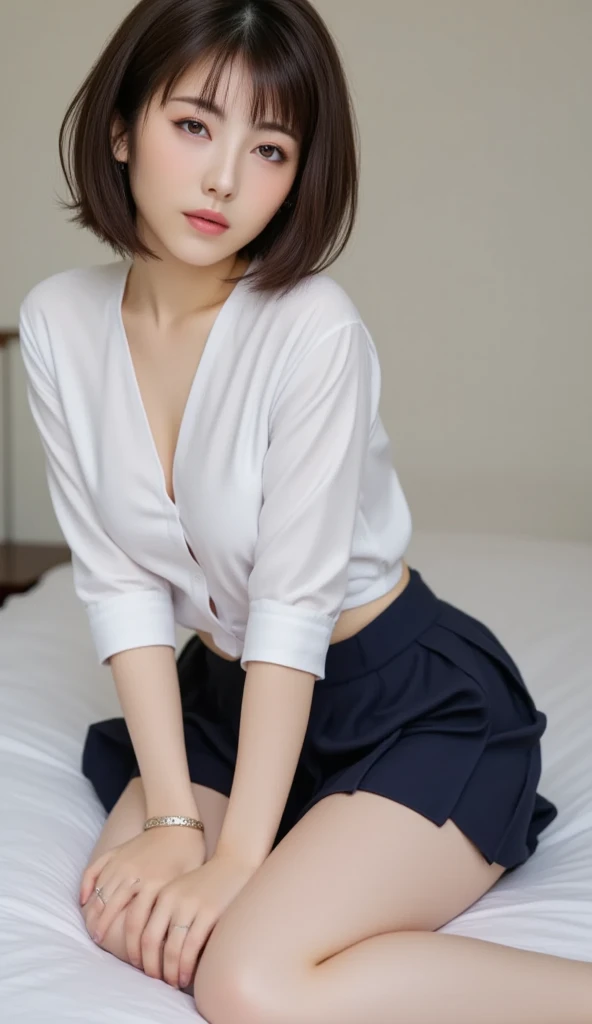 a closeup, masterpiece, top-quality, FULL ANATOMY、Raw foto, Photorealsitic, faces, unbelievable Ridiculous, beautiful a girl, cute little, shorth hair, White underwear、depth of fields, hight resolution, ultra-detailliert, finely detail, ighly detailed, extremely detailed eye and face, Realistic pupils, foco nítido, Cinematic lighting、flat breast、tiny chest、small tits、(Petite bust:1.2)、Petite bust、 (Slimed、small tit、flat boobs、small tit)、 neat college girl、Sexual facial expressions、all-fours、sexy pose、 (Sitting on legs bending the knees))、(Panties are visible)、 Sitting on legs bending the knees、Squatting、Kneeling、From above、Blushing、Schoolgirl Uniform、White shirt and tie、pleatedskirt、Very embarrassed look、The face is bright red、On the train、Large crowds、short-hair、Straight bob hair、Shorthair with bangs、