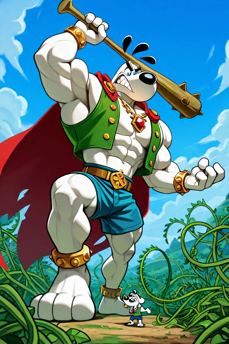 A Giant muscular dudley puppy (T.U.F.F Puppy), white dog, gigantic chin, cartoon 2d style, giant, macro size, full body, muscular body, Masterpiece, best quality, high quality, detailed, Dudley Puppy, male, solo male, 1boy, broad shoulders, mature male, blue eyes, athletic build, muscular male, black ears, black eyebrows, animal ears, white body, big eyebrows, ripped saturaded red shirt, ripped saturaded green vest, round snout, full body, ripped saturaded blue shorts, brown and golden belt with gold jewels and keys, golden necklace with a red jewel, biggest golden bracelets with colorful jewels, wearing a very long ripped green cape, big feets, outdoors, looking down, angry, sharp teeths, holding a spiked bat and a bag of golden coins and jewels, macro size, 50 foot size, giant, powerful pose, blue sky background, climbing down a giant beanstalk reaching down, climbing down pose, large big green plant, giant leaves jungle vines, beanstalk, jack and the beanstalk scene.