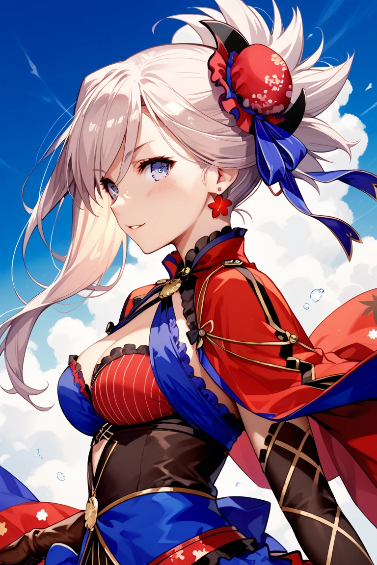 best quality, masterpiece, highres, solo, {miyamoto_musashi_fgo:0.90}, 1girl, detached_sleeves, holding_sword, jewelry, katana, blue_kimono, looking_at_viewer, smile, upper_body, cleavage, magatama, white_background, simple_background, bare_shoulders, dual_wielding, wide_sleeves