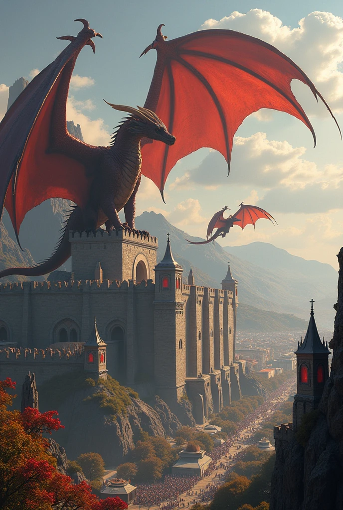 Design a shirt print with dragons flying over a medieval castle, in a fantastic art style