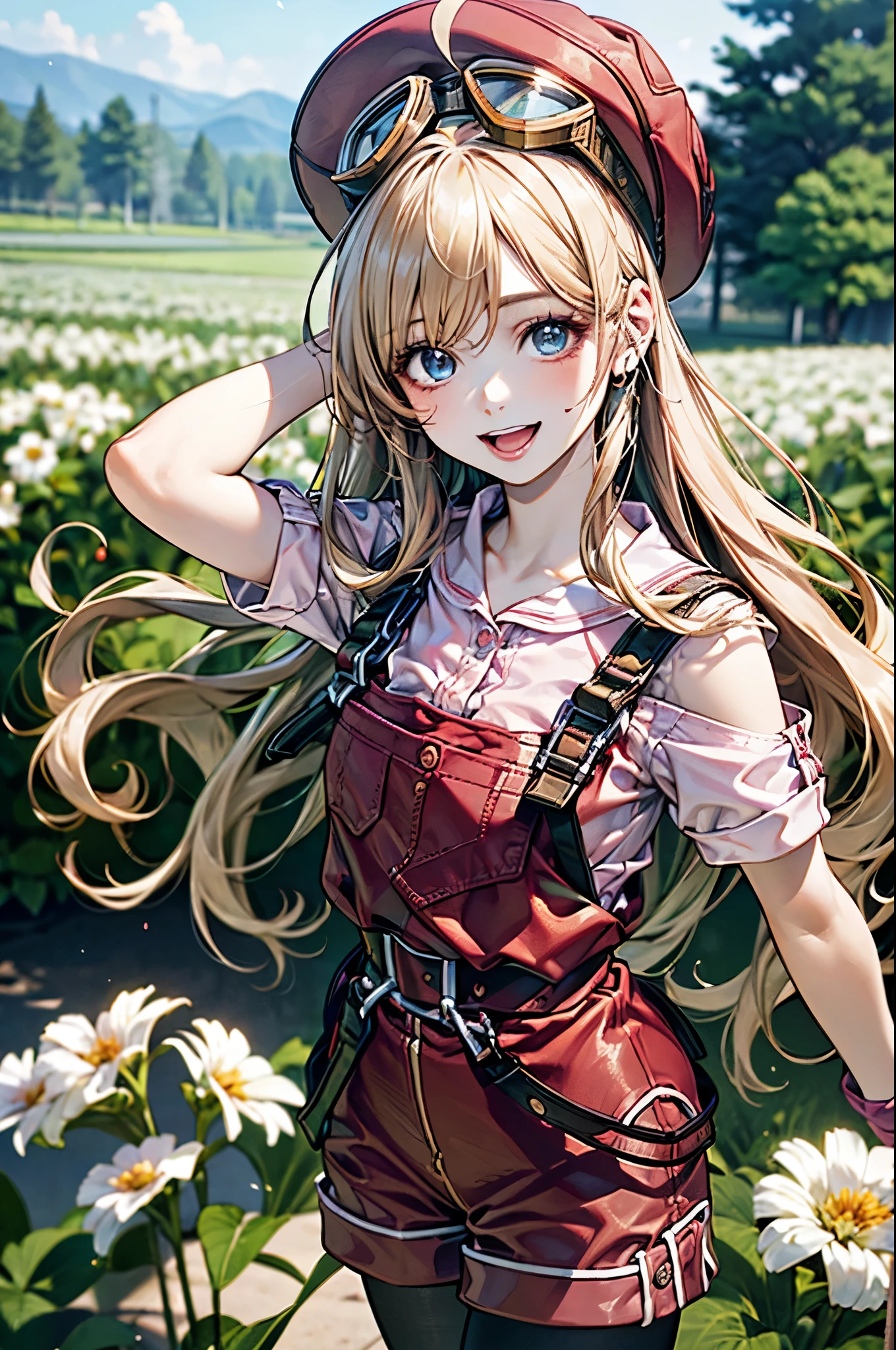 Anime girl with long hair and a hat standing in a field of flowers ...