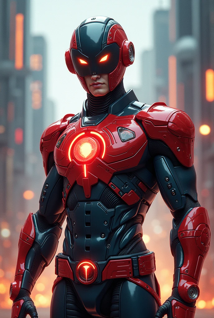 comic drawing style comic drawing, handsome, muscular, male character, blonde hair, Late 20s wearing one-piece tights, superhero boots, harness, leg straps, futuristic shoulder armor and armor on his chest, cybernetic gloves, glowing red orb on back of hand,