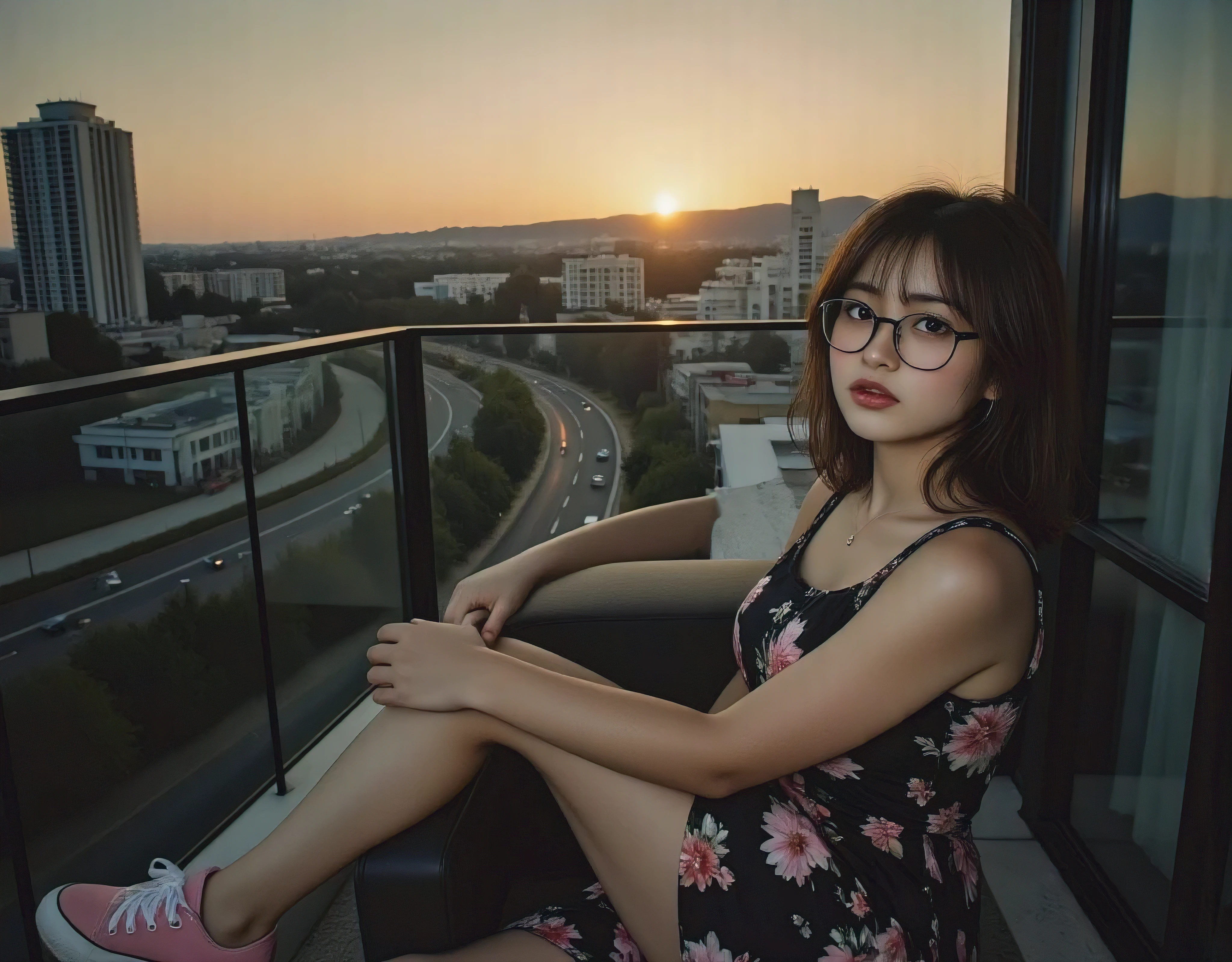 Upskirt panty shot, photo portrait of a young chubby brown-eyed Russian girl with auburn-brown hair wearing glasses with lenses, huge round breasts showing décolletage and cleavage , corneal reflections, beautiful proportional small wide nose, Plump pouting lips, closed mouth,,pink sneakers, squinted brown eyes, Detailed human skin texture, cute summer dress , fuzz on the skin, Fluffy hair, cotton and silk clothes, 80s punk rock brown tousled hair, Aesthetically pleasing cinematic composition and epic perspective (Close-up half-body portrait) Glass railings, Cute and adorable sexy young lady in her pajamas as she rests on the couch outside on the rooftop veranda overlooking the city from the mountaintop, early dusk, sun below the horizon, auburn amber sunset , winding road, (Hard flash photography) Early evening, citylights during night, Photo from the side, candid photo, (suburban setting background seeing houses and shops from the veranda)realistic,life-like skin texture,symmetrical,aesthetically pleasing,cinematic composition, without cosmetics or make-up, peering into the horizon, in room, a dark room, depth of field, back light, realistic,life-like skin texture,symmetrical,aesthetically pleasing,cinematic composition,detailed portrait,photorealistic,masterpiece,ultra-detailed,sharp focus,physically-based rendering,extreme detail description,professional,vivid colors,high resolution,4K,studio lighting,dramatic lighting,dramatic shadows,dramatic atmosphere,dramatic background,dramatic pose,cinematic framing,cinematic lighting,cinematic camera angle,cinematic depth of field,moody,dark,chiaroscuro,dramatic color palette,dark and moody,dramatic colors