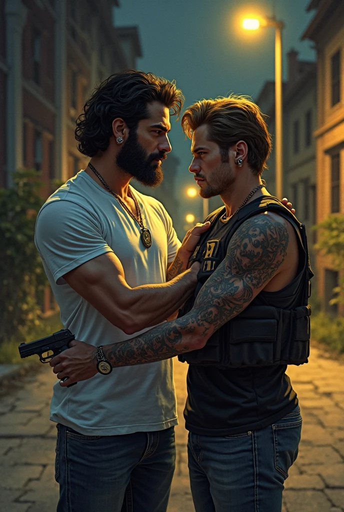 masterpiece, best quality, 2boys, adult males, beards, chavs, rough, dirty, Mancunian, mean, bullies, druggies, skinheads, in front of suburban house, hugging, homoerotic, realistic, dramatic lighting, atmospheric, intricate detail