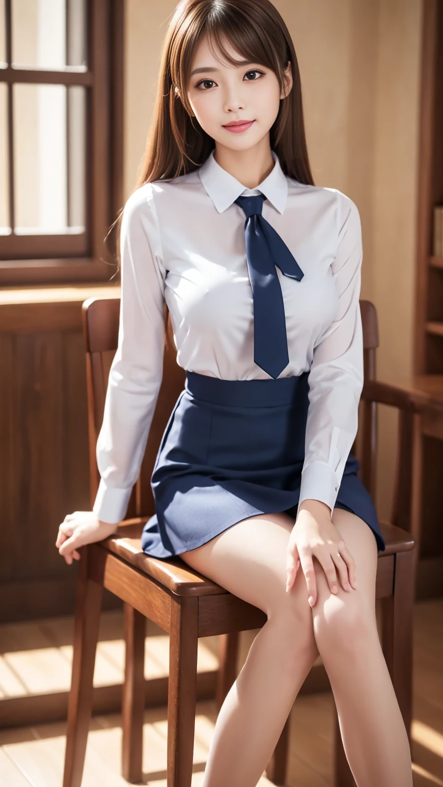 mix4, (16 K, Raw photography, Top image quality, masterpiece: 1.45), (realisitic, Photorealsitic: 1.37), one girls, cute little, A city scape,, profetional lighting, photon maping, school classrooms, physically-based renderingt, dark brown hair,pony tail hairstyle, a handsome, Well-groomed and beautiful eyes、二重まぶた、girl with, (((student clothes、blazers、Long sleeve shirt worn by Japan high school girl、Ribbon Ties、Dark blue mini skirt,、Dark blue socks、Black loafers))), Top Quality Photos, hight resolution, 1080p, (clearface), (Detailed face description), (Detailed hand description), (masterpiece), (Exquisite CG)、extreme light and shadows、dishevled hair、master work、abundant detail、(Fine facial features)、(top quality photo)、(masuter piece)、(A detailed eye)、Look in front of you、Fine clavicle、((Slender big))、(((Japan schoolgirl wears a long-sleeved shirt)))、((Neat and clean idol))、((Schools、Classroom、chalk board、a desk))、(Shooting from random perspectives)、(((Anyway cute)))、耳Nipple Ring、A big smile、Drawing the whole body from the knees、Do not draw nasolabial folds、(((Sports bags used by Japan schoolgirls)))、(Big breasts that hang down big:1.2)、Big buttocks with tension、Two arms and two legs、(((from the front side:0.7)))、bare hand、(((Left and right symmetrical eyes)))、Standing Pose、Put your hands on your desk、turned around