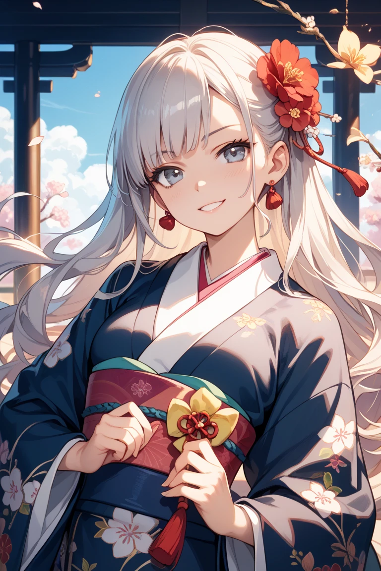 anime style, ((close up)) bautiful young woman, 1girl, (dreamy big eyes), wearing red kimono, (long white hair), (green eyes), large breasts, smirk, lips, in a park, under a cherry blossom tree, hair floatingin the wind, sunlight, cinematic lighting, ((from below)), best qualiy, 8k, high definition