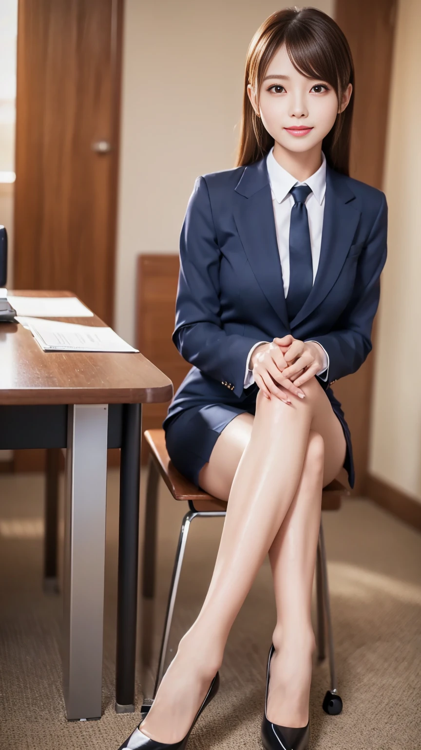 Exquisite makeup cold beauty, Accurately express facial details and skin texture,(The most beautiful face and eyes),26Old woman、 full-body shot、The face is chubby,Wide chin,Delicate skin,Looking at the camera、Smile、Beautiful teeth、Business suit、((Sitting in an office chair:1.3))、(Flesh-colored pantyhose:1.2), (Pump)、、 indoor, ,background is office