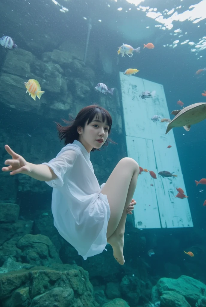 With a cell phone、There is a young girl standing against a wall that reflects beautiful ripples from the pool., 4K], 4k, White Summer Dress、14-year-old female、Black Hair、Apple watch, realism