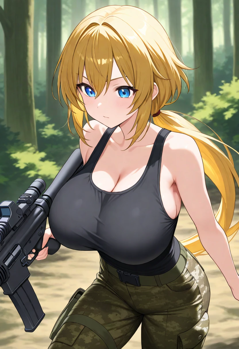 (lactation through clothes:1.1),nipples standing,(nipples peek:1.4),girl, big , blonde, long hair, green, Mecha arm, fox ears, sniper, Lydown, put, hill