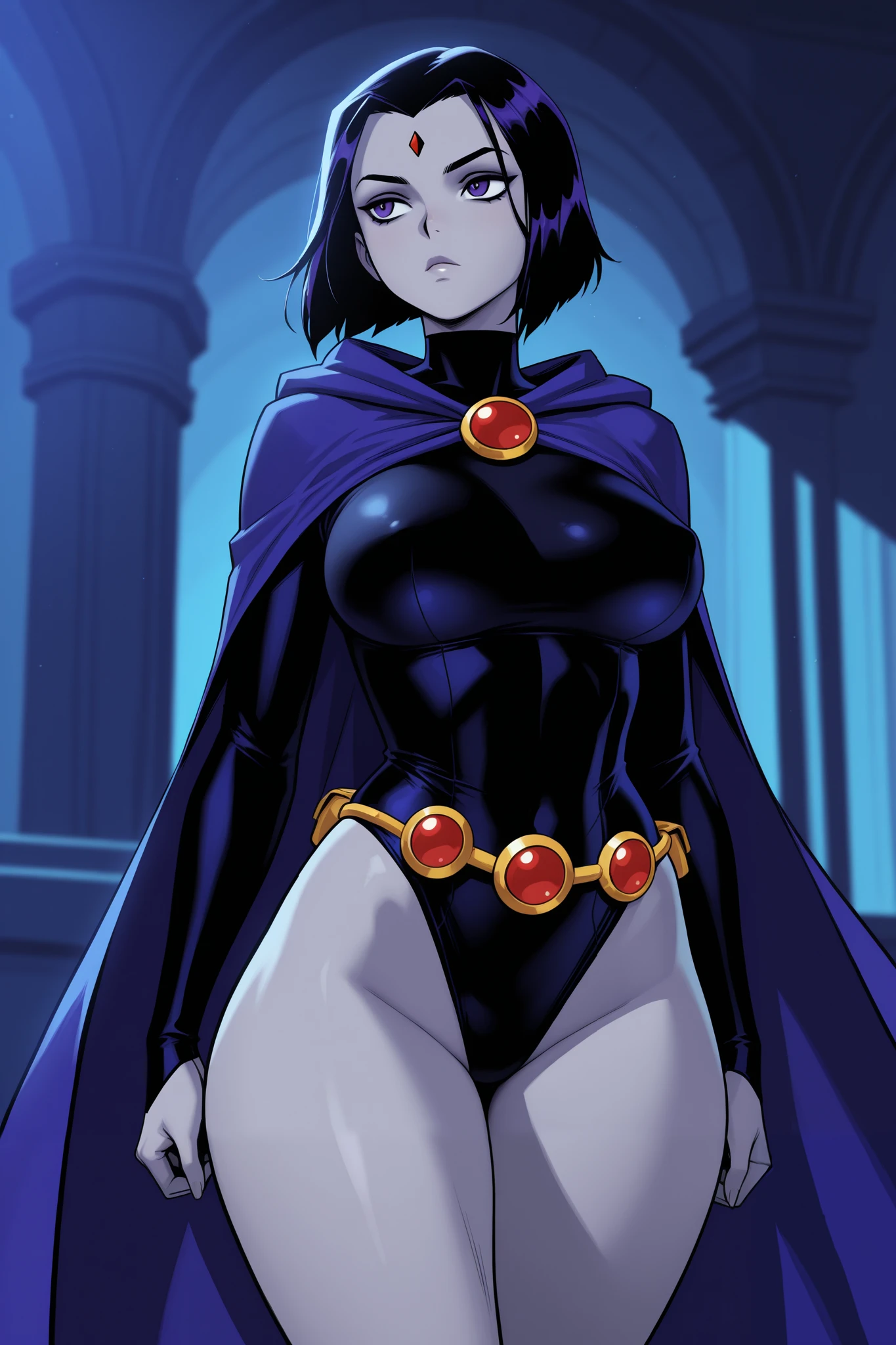 (solo:1.1),(masterpiece), (best quality:1.3),, (ultra detailed), (intricate), professional art, digital art, absurdres, shadraven, (far away view:1.1), 1girl, solo, (grey skin:1.4), dark purple hair, bob hair, dark purple eyes, hips wider than shoulders, pear shaped body, jewellery, detailed thighs, (thick thighs:1.3), red jewel in forehead, jewels, (long sleeved turtleneck leotard:1.4), (Red jewel Belt), (red jewel brooch), cuffs, small breasts, nipple bulge, (raven long dark purple hooded cape), (Shadraven brooch:1.2), Shadraven jewel belt, Shadraven wearing a long sleeved leotard with a hooded cape and fingerless glovess, (long legs:1.3), ( detailed long thick veiny crotch bulge with veins showing through clothing:1.4), large penis, large testicles, (side angle frontal view),(bubble butt) , gluteal crease, universal lighting,(Detailed ass),