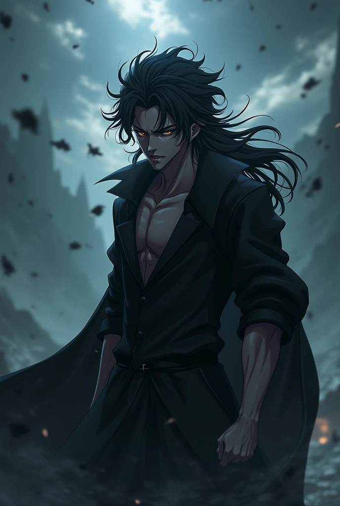 26-year-old young man with an angry appearance, red eyes, black, wavy hair, white skin, weather-worn clothes, 1.67 tall.