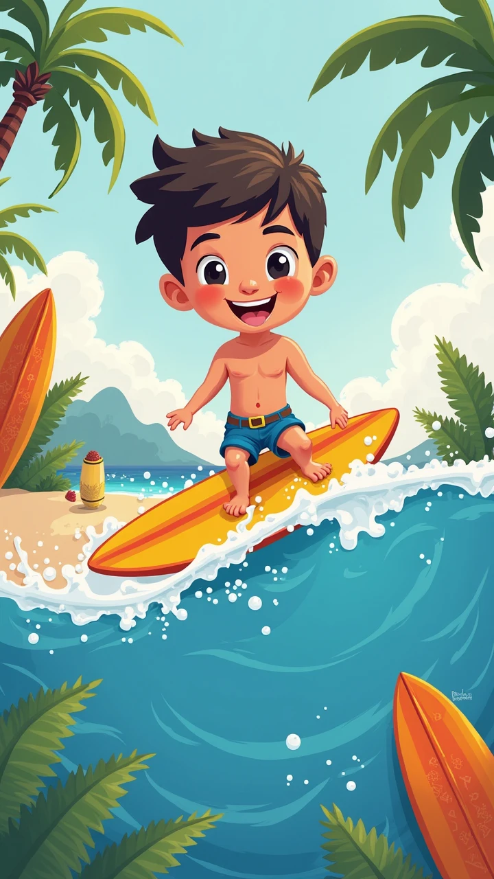 Pop art of a child surfing on the beach