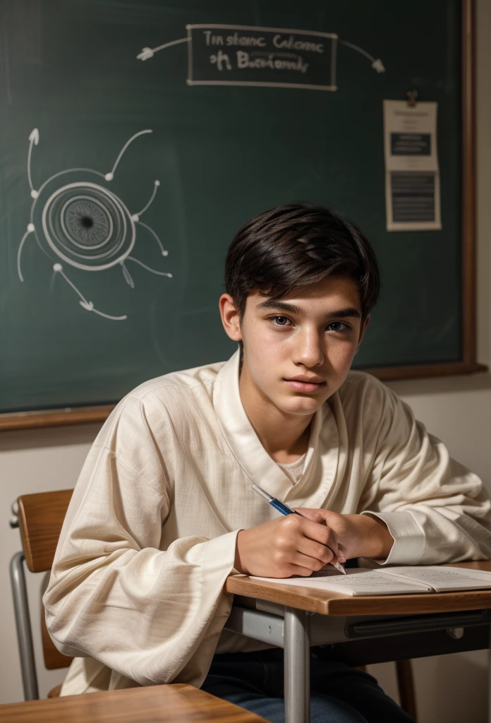 A beautiful, cute, male young man with a face with makeup and red cheeks and black hair, wearing a bright white long-sleeved shirt and aqua blue pants. He is in his scientific office, and behind him is a blackboard with mathematics written on it, including mathematical equations of differentiation and integration, and he is sitting at a desk in a chair. There are scientific books in front of him, and he looks proudly with a beautiful, innocent face with makeup and powder