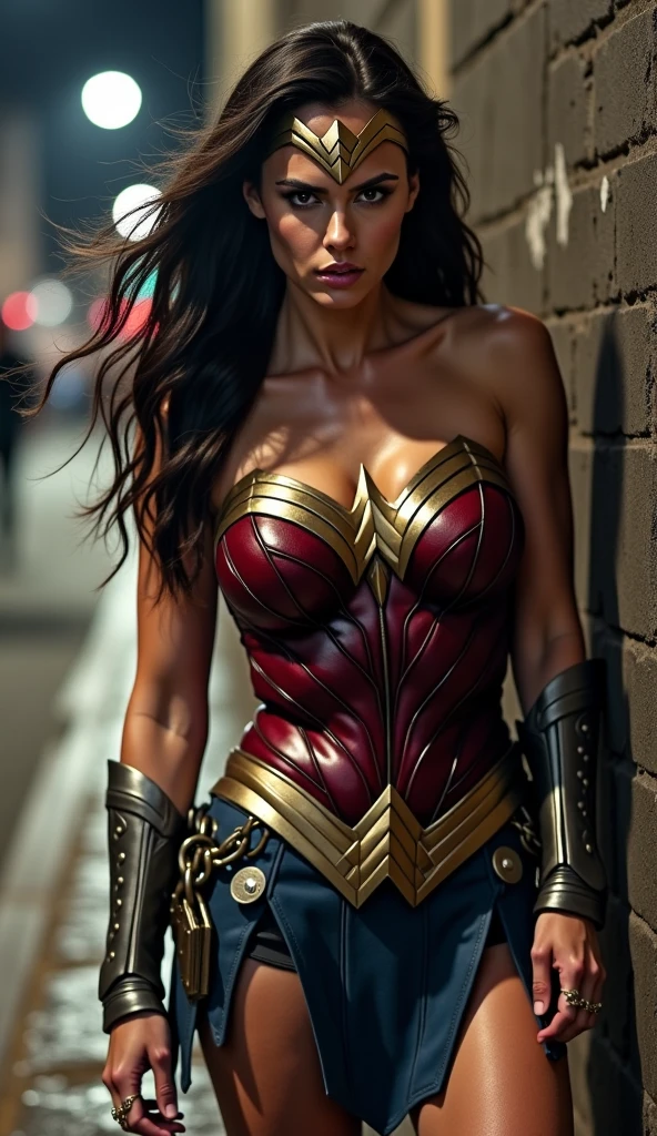 A beautiful woman Adriana Lima under the mantle of the Amazonian warrior Wonder Woman, long black hair, red corset, black leather jacket and black leather pants, red knee-high boots, Wonder Woman diadema on her forehead.