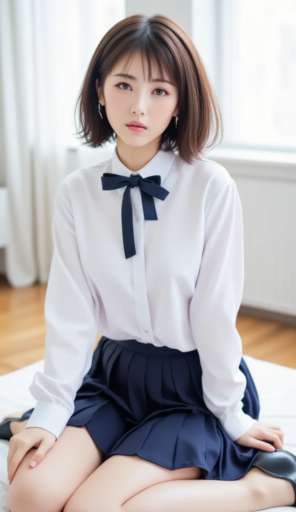 Panchira、sitting on、A dark-haired、watching at viewers、Schools、‎Classroom、Pleated mini-skirt、Take off your uniform、serafuku、Black pantyhose、Red and navy blue tie、pink panties、Spread your legs in an M-shape、pantiy、open one's legs、Taken from the front、(A hyper-realistic), (illustratio), (hight resolution), (8K), (ighly detailed), (The best illustrations), (beatiful detailed eyes), (top-quality), (ultra-detailliert), (​masterpiece), (wall-paper), (详细的脸), drooing eyes、bangss、Beautiful body、slender、up chest、poneyTail,独奏,naked woman、 full of sweat, japanes, breastsout