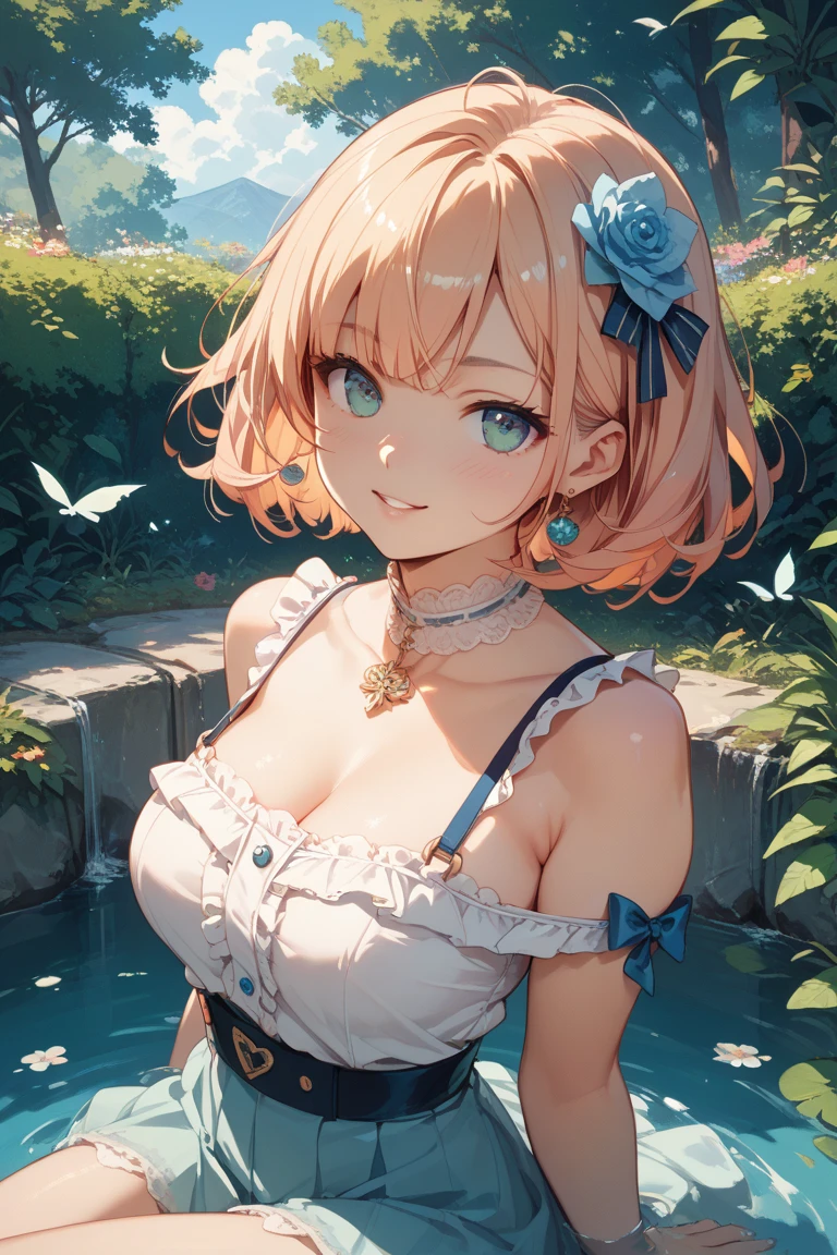 (masterpiece:1.2), (highest quality:1.2),, Curvy but slender body, perfect eyes, perfect face, perfect lighting, 1 girl, in the garden, （whole bodyが見える），（wearing a ribbon），（ruffle dress），（Exposed），（smile），（standing position），（garter），curly hair, Fine clothes, Detailed outdoor background, compensate, eye shadow, thick eyelashes, fantasy, looking at the viewer, whole body，alice in wonderland、blue sky、Bright and very beautiful face、young shiny glossy white shiny skin、the best beauty、The most beautiful bright blonde hair in the world、thin hair、short hair、Shining beautiful bangs、Glowing crystal clear big blue eyes、Very beautiful lovely 17 year old most beautiful girl in the world、ample breasts