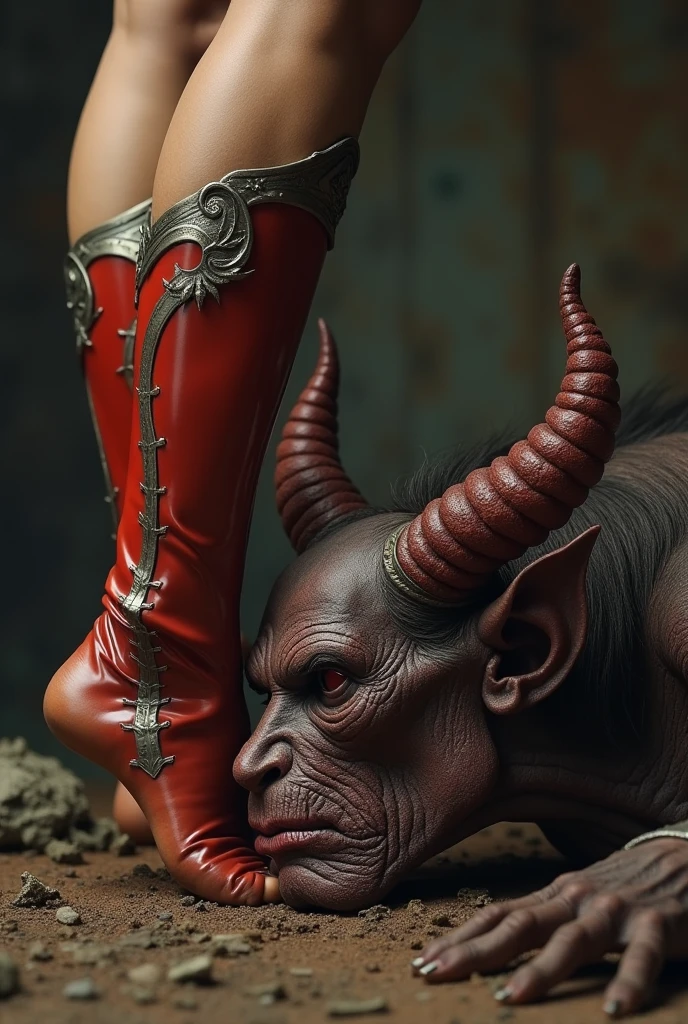 beatiful face, brick wall, ???? gape, demon horns, (red skin),(tail), feet,best quality, masterpiece, tonemapping, sharp focus, hyper detailed, trending on Artstation, realistic, 1girl, absurdres,ass_on_wall