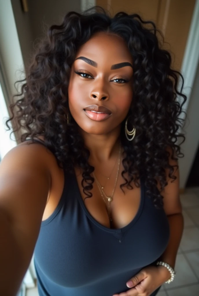 (full body portrait), (African American), sfw, forehead, teen, youthful, teenager, detailed eyes, blue eyes, long eyelashes, dark hair, super long hair, curly hair, looking at viewer, on street at night, natural features, centerfold, perfect lips, huge lips, realism, slim, huge breasts, busty, shy smile, camisole dress, flirting, cleavage, arms up, armpits, melanin