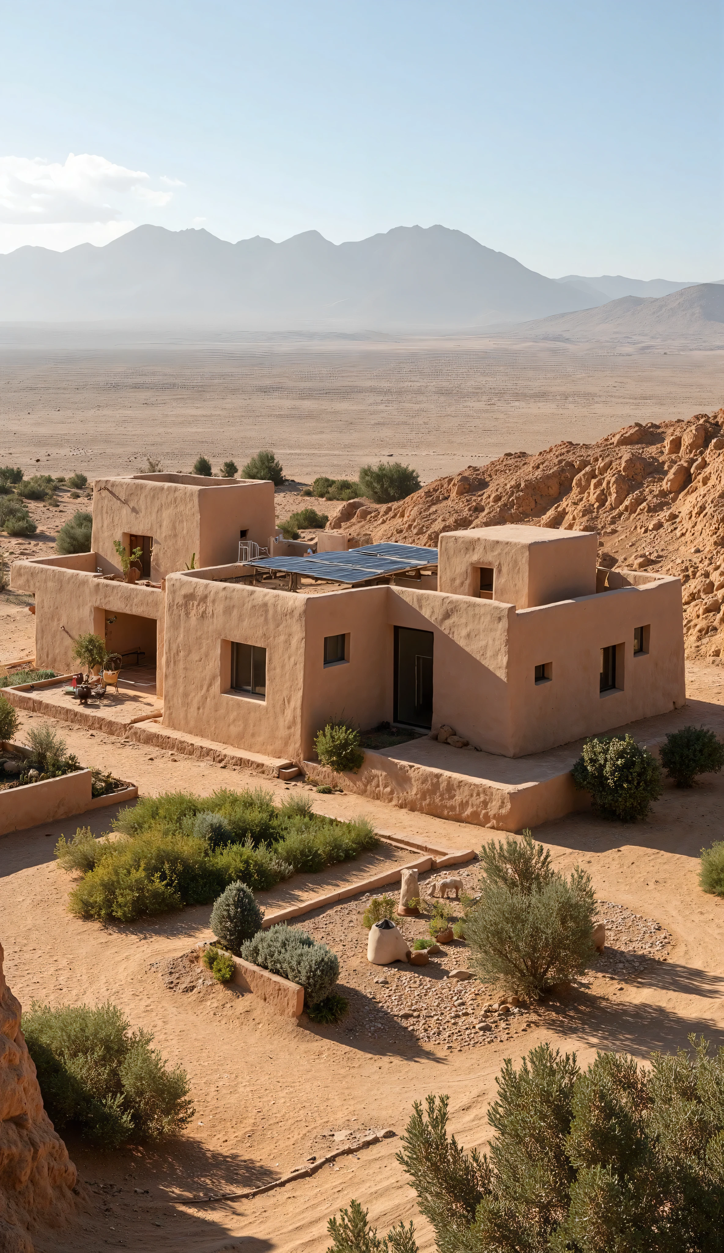 Imagine a self-sufficient house located in an arid environment in the Taroudant region of Morocco. The house is built using traditional techniques with local materials such as adobe and rammed earth. It features thick, warm-toned walls, a rammed earth roof enhanced with solar panels, and a central shaded courtyard that promotes natural ventilation. The building integrates harmoniously into a desert landscape dotted with mountains in the background. Surrounding the house, you can see rainwater harvesting systems, a thriving permaculture garden, and a small enclosure for chickens and sheep. The architecture blends traditional Moroccan elements—reminiscent of kasbahs or ksour like Aït Benhaddou—with modern touches, creating a balance between authenticity, sustainability, and innovation