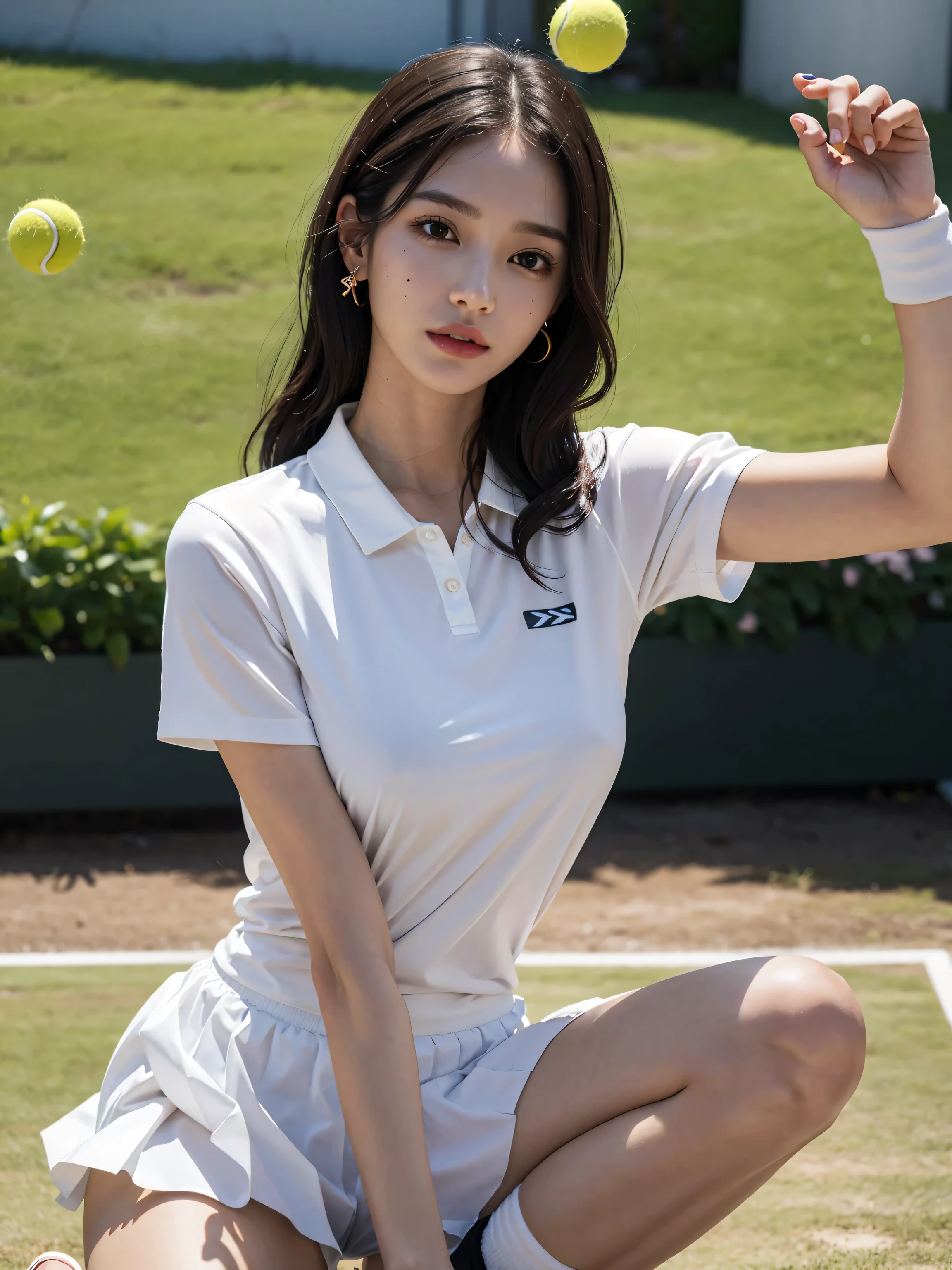 (highest quality, 8k, 32K, masterpiece, Hmm: 1.2), (1 Japanese slender woman, 28 years old, tall gravure model), dark brown hair, professional lighting, photon mapping, radio city, (high resolution skins: 1.2), (exposed shoulders: 1.1), squat with legs apart, ((provocative dynamic pose)), (top down view: 1.5, (golf uniform: 1.1, Panties can be seen through the skirt), super detailed face, lip details, fine eyes, double eyelid, (A sensual look at the photographer, lips slightly open) Sunny, Golf course,