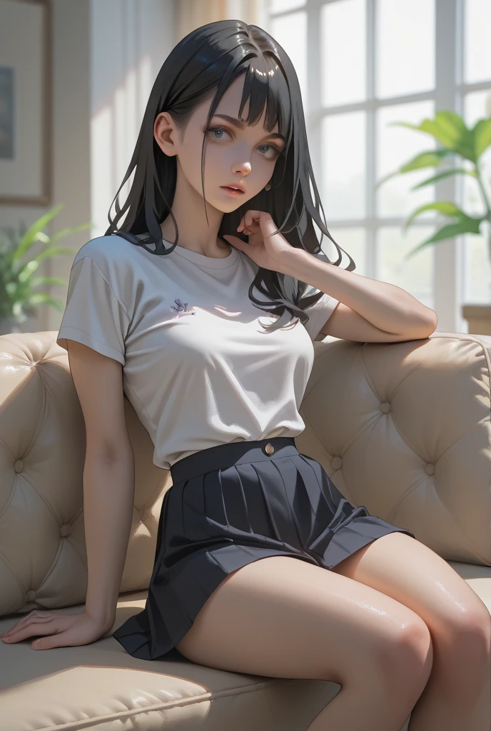 best quality, ultra high res, (photo realistic:1.0), 1 girl, high angle shot, Wearing a white shirt, a black skirt, navy blue over-knee socks, japanese woman, very beautiful, kawaii, Cinematic, 35mm lens, f/ 1. 8, accent lighting, 8k, sitting on the floor at gymnasium