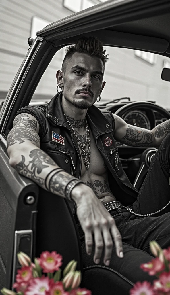 Homem branco tatuagem caveira do lado do olho esquerdo, shaved head with motorcycle club vest and riding a black Harley