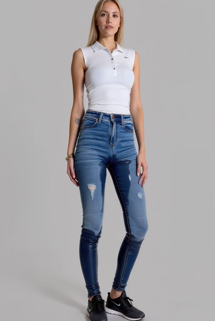 tall thin attractive blonde woman with long legs, blue eyes, messy bob hair, tight blouse skinny jeans, high heels, show heels, inviting smile, peeing self, shins wet with pee, jeans gleaming where wet with pee, standing in puddle of pee