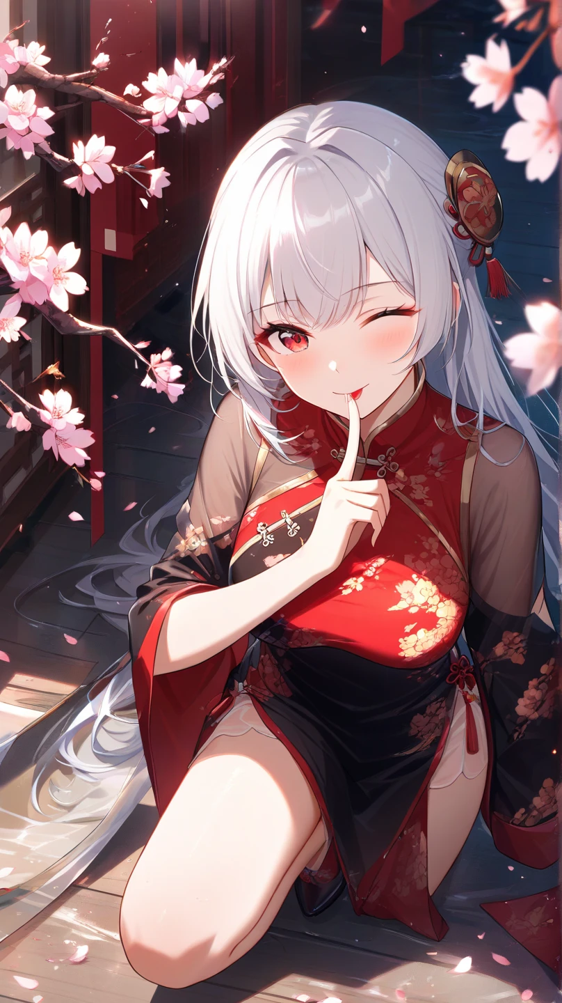 ((Highest quality、masterpiece、Anime Style、Highest quality、High resolution、8k、detailed、ultra-detailed:1.3))、Long legs、Sharp focus:1.2, Beautiful woman with perfect figure:1.4、(smile:1.2), double eyelid、30-year-old woman、Sexy pose、((((Shut your mouth.、One Woman、Chinese clothing:1.5)))),The background is another world