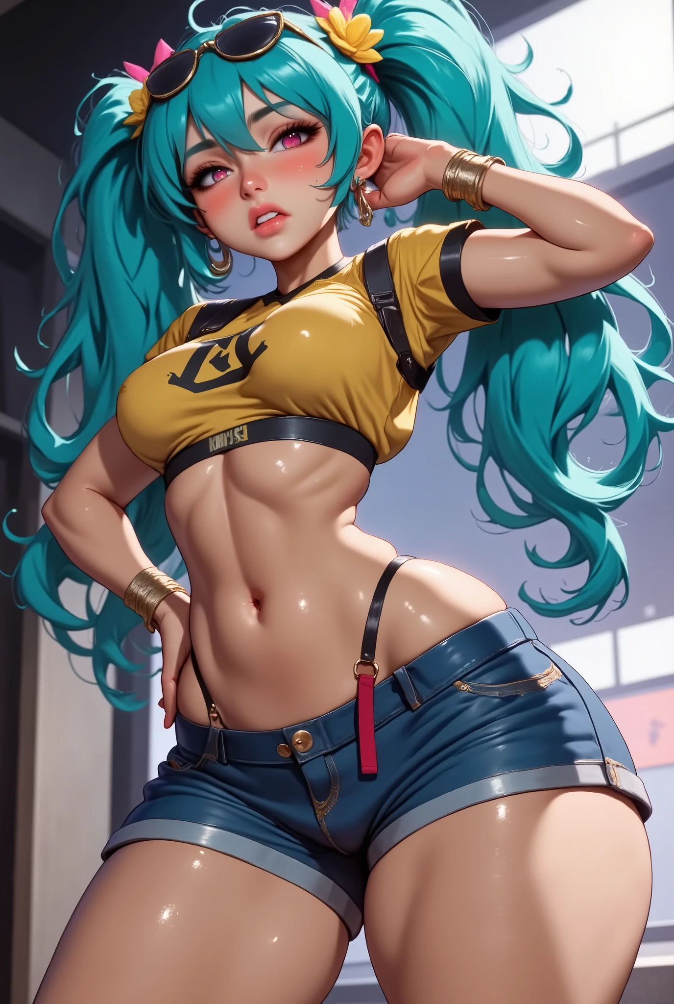 Detailed illustration in anime style. A young woman with a confident, slightly smirking expression. She is looking straight ahead with a focused gaze. She has bright green hair tied up in two buns with side strands. She wears a unique blue outfit with neon green and yellow accents. The top is a sleeveless crop top with a geometric pattern that exposes her stomach. The pants are form-fitting, with a matching pattern and knee-length green and yellow patches. Blue boots with green soles. She is posed with her right hand resting on her left hip and the other hand raised, fingers lightly touching her cheek. Her body posture is relaxed but confident, with one leg slightly bent and the other leg stretched out. The overall look is bold and stylish, featuring fine details in the clothing and a vibrant color scheme.