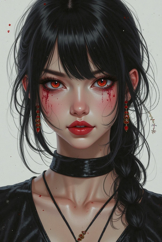 Black Hair。Bob。Demon&#39;s Red Horns。White skin。Green Eyes。Red on the corners of the eyes。Red seductive lips。Beautiful Japanese Women。Kunoichi。Female Shinobi。Red, sharp, long claws。