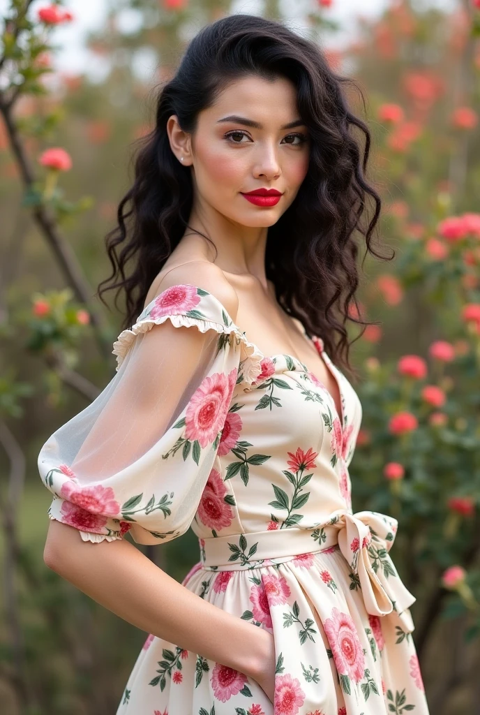 influencer-full-shot-by-stable-yogi 37. **A floral design influencer in a botanical garden**, her dress adorned with floral patterns to match the surroundings. She's crafting a bouquet, with the vibrant, diverse flora of the garden providing endless inspiration.