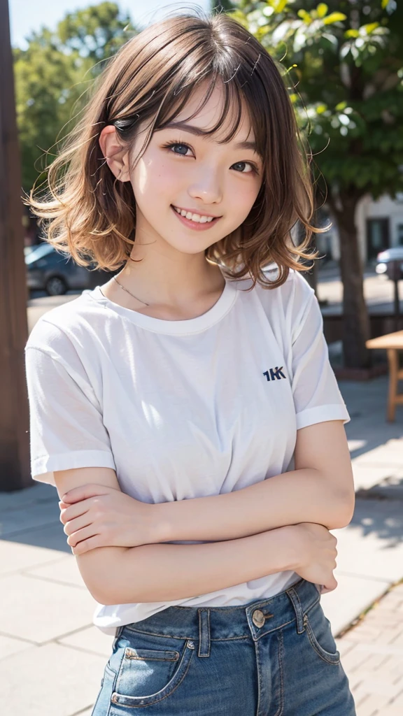 (highest quality,8K quality,masterpiece:1.3,),(超A high resolution:1.3,Photorealistic:1.4,Raw photo:1.2),(Ultra-detailed:1.2,Glowing Skin,Detailed skin:1.1),(Detailed face,Perfect Anatomy,Caustics:1.2), (Symmetrical eyes:1.3),1 girl,cute,Japanese,22 years old,Japanese Ido,Natural brown hair,Short hair curled outwards,cute目,Natural Makeup,Oversized T-shirt,Laughter,Looking at the camera,On the face,Face Focus,Street Corner,Professional Writing,Natural soft light,
