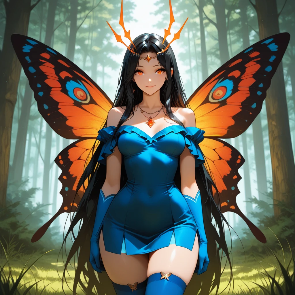 intricate details, masterpiece, absurdres, best quality, ultra-detailed, illustration, sharp focus, natural lighting, vivid colors, full body, realistic proportions, (cowboy shot, forest), (adult, mature:1.1, dark skin, 1girl, arms behind back, (pear-shaped body:0.7)), (green long hair, messy), (seductive smile, (navy blue eyes)), (pumpkin hat, shepherd), (makeup:1.1), (white short dress), (yellow butterfly wings) <lora:ButterflyWings-000020:0.75>