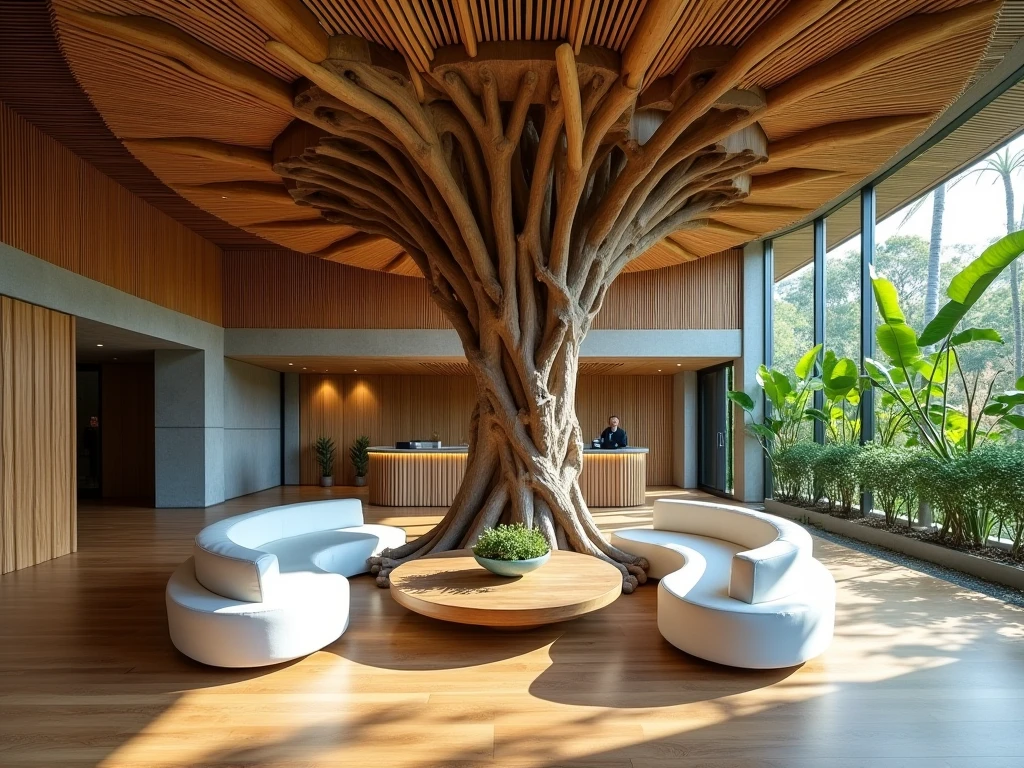Enter an architectural marvel that defies convention with bold symbolism. The tree resembles the shape of a vagina, embracing the organic curves of femininity. The outer branches undulate, imitating intimate contours with a feeling of openness and warmth. This design choice transcends traditional boundaries, evoking both a sense of intrigue and empowerment. As soon as you cross the threshold of the forest, the tree envelops you in a space that exudes comfort and intimacy. Natural light streams through the leaves. This residence is a tribute to the beauty of femininity.