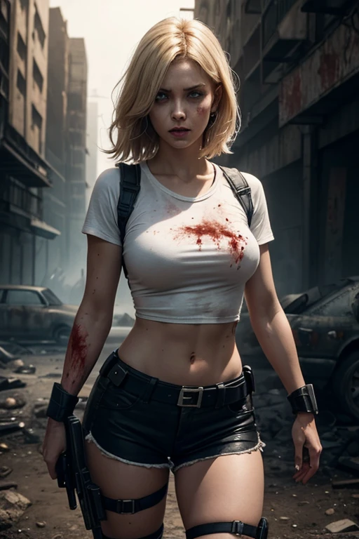 (masterpiece, best quality), (blue eyes), (perfect hands), (High Resolution), (Absurd resolution), (Hyper realistic), (Hyper definition), (Ultra realistic), (HD Resolution), ((detailed face)), ((award-winning)), (high detail), (Sharp,) (8k resolution,) (Cinematic lighting), (soft lighting), (Eye contact), (Hyperdetailed) (Photorealistic) (green eyes), (Blood on cloths), (Blood on body), (Blood in hair), (Blood on knife), A horror picture of A slender adult woman with large breasts, With wavy wet blonde hair wearing a wet, blood soaked, light blue flower print sundress that clung to her blood covered body. She has a worried look in her eyes. A tear rolling down one cheek. the background is in the city at nite 12 am. Rain falling from the sky. She has hoodie on. The hood over her head. A long dagger held in one hand.