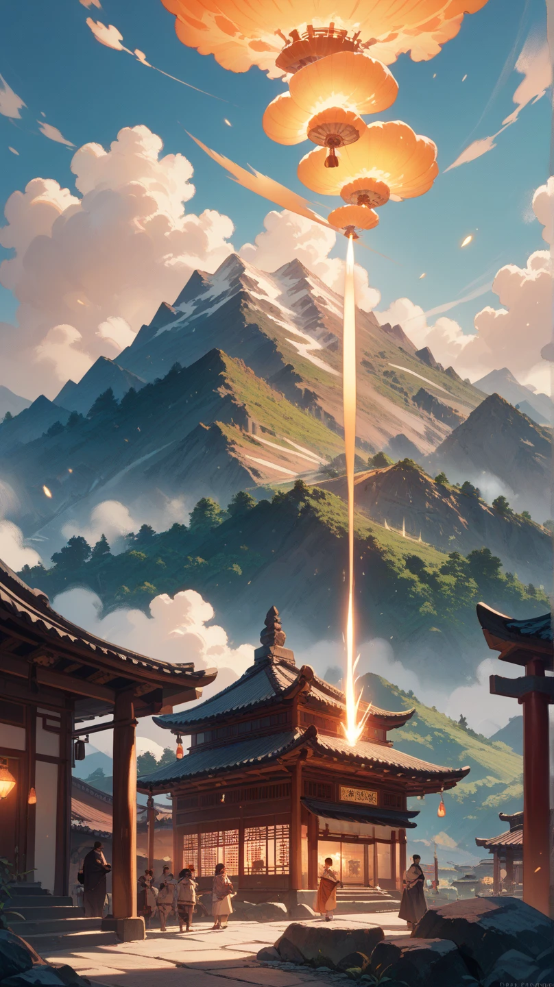 Real scene, soaring fire, burning Chinese palace, a huge fox looking up to the sky and sighing blurred figure, nine tails, clouds and mist, majestic, glazed tiles, colorful light, masterpiece, high quality, exquisite graphics, high detail