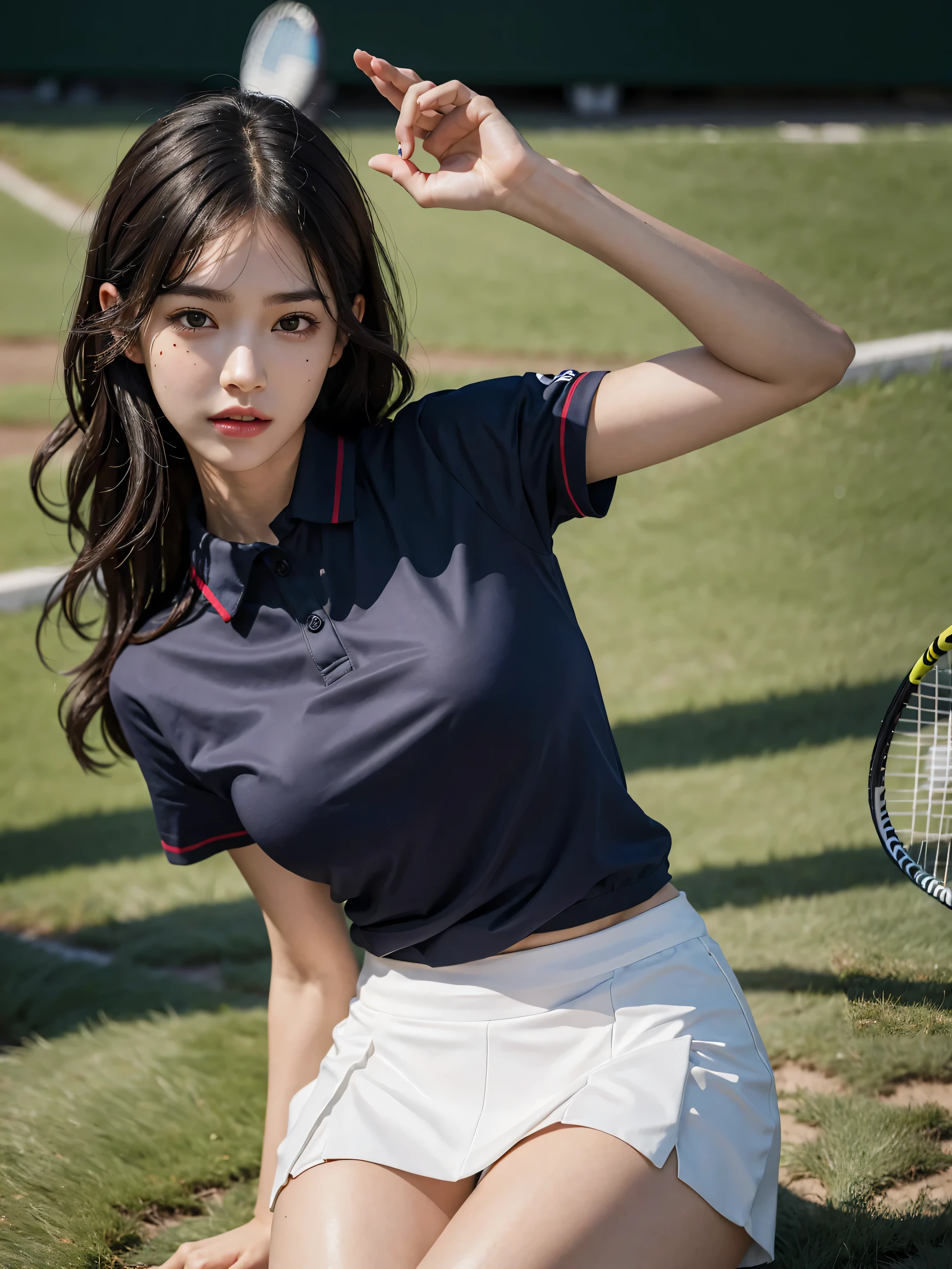 Girls solo,Wearing a white polo shirt、White sneakers and tennis wear,Team it with a white miniskirt。It's a masterpiece,The best quality,Realistic and ultra-detailed。Shiny skin,Sweat slightly,The scene is ridiculous,she look at the viewer。Short black hair and brown eyes,Slim figure。Dynamic light and shadow effects,A high resolution,Sharp-focus with a depth-of-field effect。Her eyes are delicate,The pupils are sharp and realistic。She has a small chest,The thighs are somewhat thick。The scene is outdoors,The sky is clear。