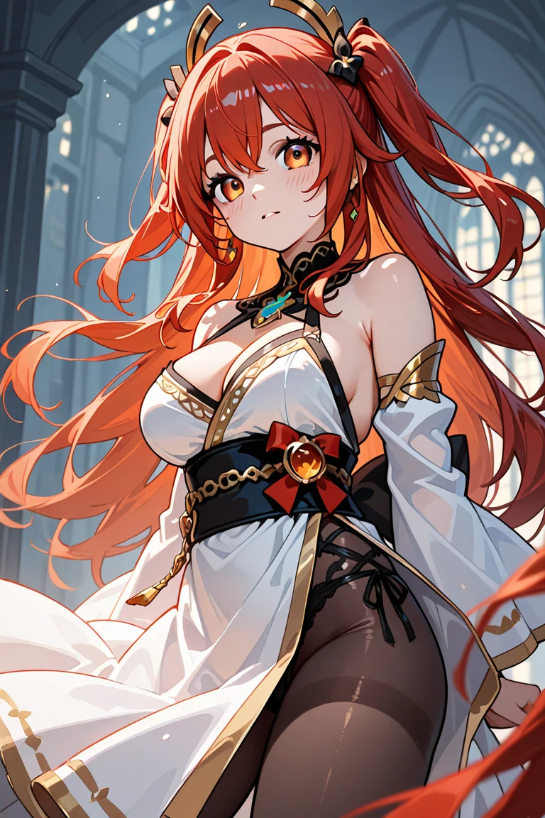 (delicate and beautiful CG artwork),(best quality, ultra-detailed, high resolution),(dynamic angle, dynamic lighting),(1 character),(long white and red hair, red eyes, beautiful face),(white stocking),(devil) (long sideburns) clock in background, city, night light, horns