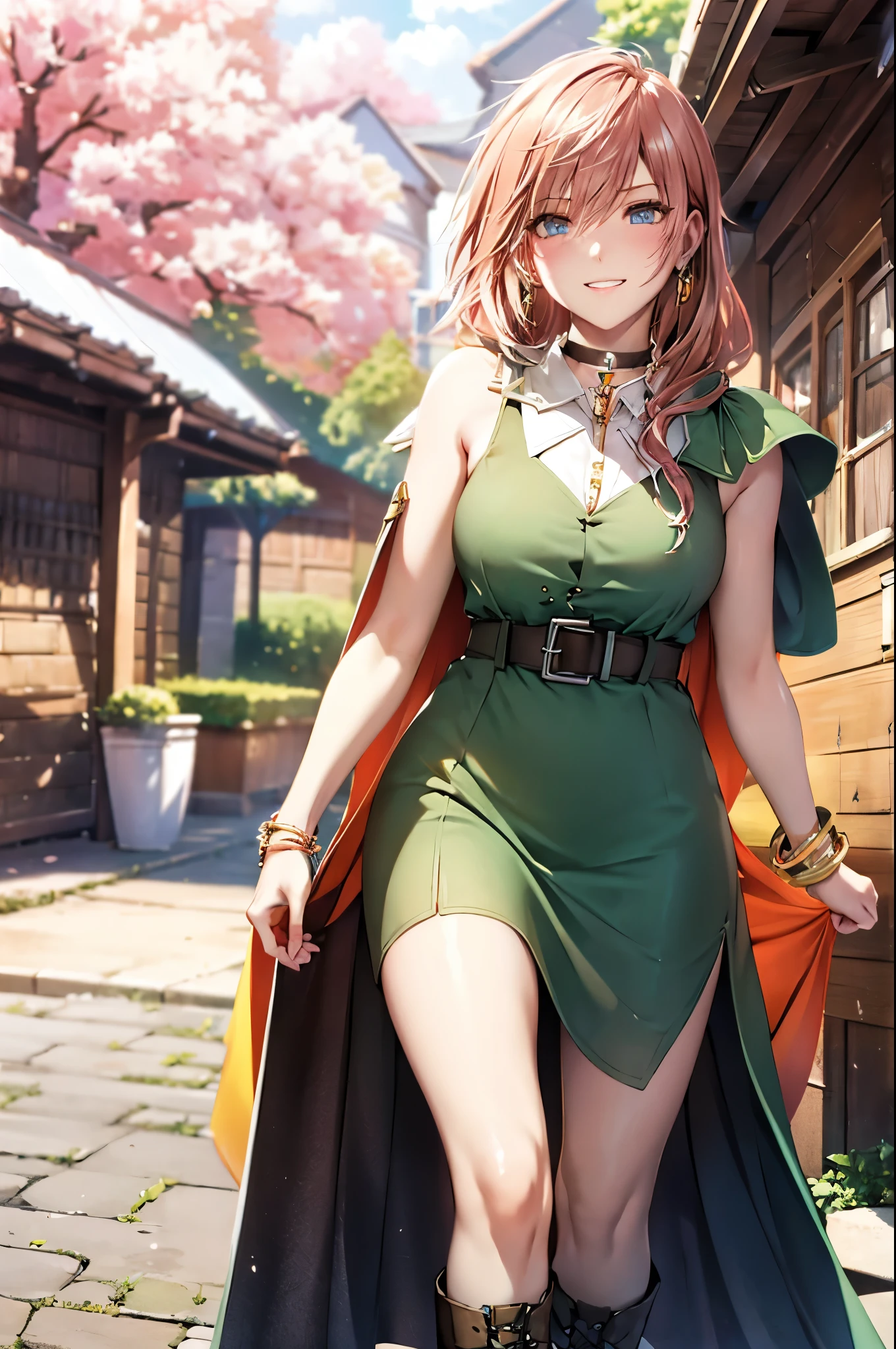 masterpiece,highest quality,High resolution,Super detailed,bianca \(dq5\),blue eyes,long hair,single blade,earrings,choker,orange cloak,green dress,bracelet,belt,boots,(wind lift:1.2),blush,(embarrassing:1.2),outdoor,castle garden,dance、high resolution、Super detailed、bianca \(dq5\)、blue eyes、long hair、One braid、earrings、choker、orange cloak、green dress、bracelet、belt、boots、、、outdoor、cherry blossoms、Are standing、smile、cowboy shot