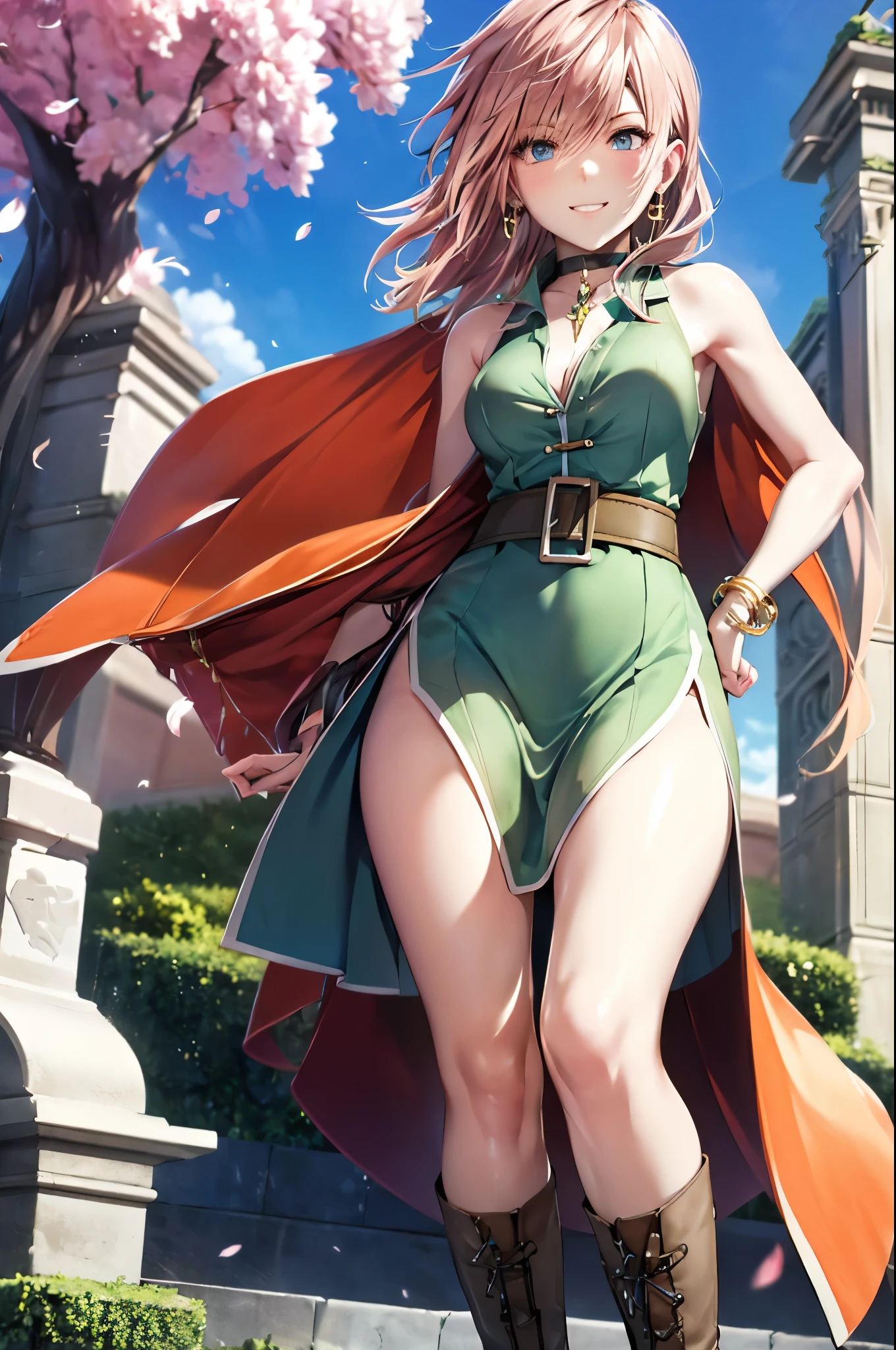 masterpiece,highest quality,High resolution,Super detailed,bianca \(dq5\),blue eyes,long hair,single blade,earrings,choker,orange cloak,green dress,bracelet,belt,boots,(wind lift:1.2),blush,(embarrassing:1.2),outdoor,castle garden,dance、high resolution、Super detailed、bianca \(dq5\)、blue eyes、long hair、One braid、earrings、choker、orange cloak、green dress、bracelet、belt、boots、、、outdoor、cherry blossoms、Are standing、smile、cowboy shot