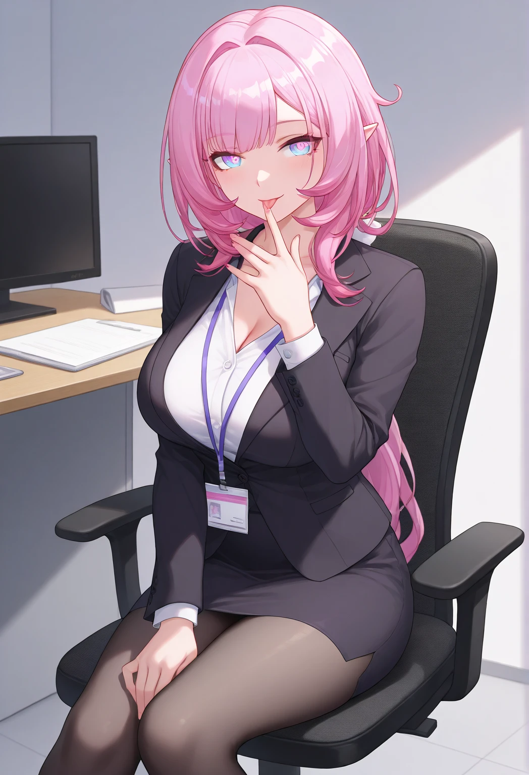 ((tmasterpiece,Need)),(1girl),((A MILF)),Light pink hair,big-areola,horn,((office lady)),By bangs,middlebreast,(plumw),slim,ssmile,[Wide hips],office,standing, aru \(blue archive\),adolable，