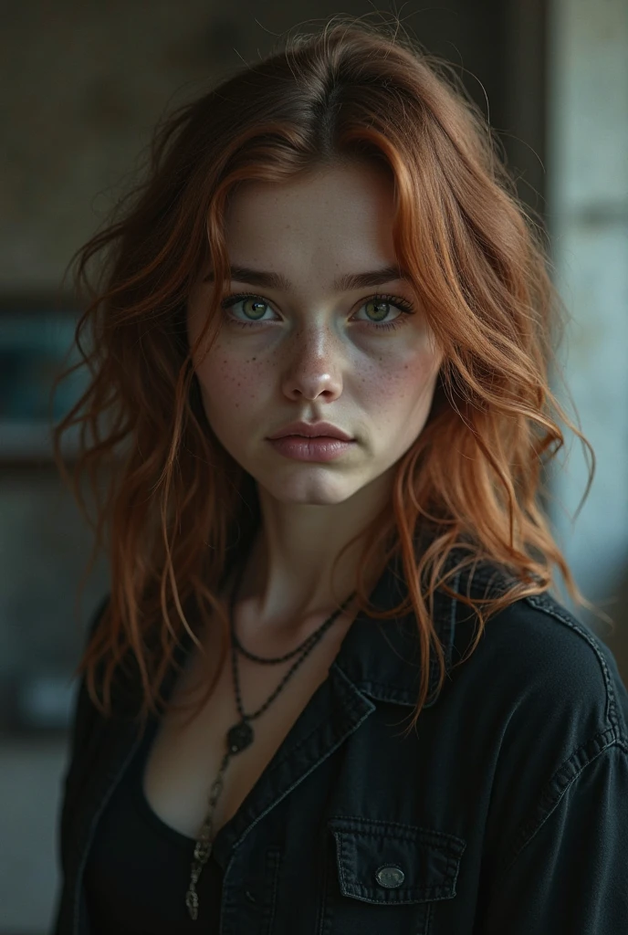 A boy with pale skin, freckles on his nose, a curved nose, blue eyes, black eyebrows, long, straight, waist-length caramel-colored hair, a black tank top and a black leather jacket.